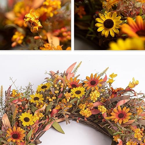 JINGHONG Large Fall Wreaths for Front Door 28 Inch Artificial Floral Wreath with Colorful Daisies and Autumn Foliage Fall Autumn Wreath for Front Door Wall Window and Thanksgiving Decor - Image 4