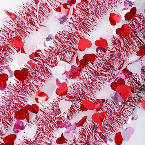 Valentines Garland Decor,50Ft Glitter Tinsel Heart Garland Decorations for Tree Mantle Bedroom Office Classroom Party Indoor Outdoor Holiday Home Pink Red White - Image 3