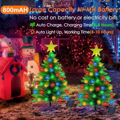 2 Pack 3.6Ft Solar Christmas Tree with 100 Snowflake Lights, Waterproof Christmas Decorations Outdoor, Solar Christmas Lights Outdoor Xmas Tree for Yard, Pathway, Porch, Cemetery, Holiday Decor - Image 2