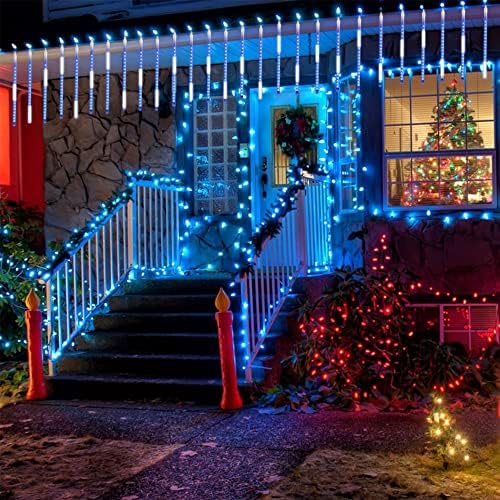 LJLNION Meteor Shower Lights, 12 Inch Outdoor Icicles Christmas Lights, 8 Tubes 288 LED Iciclelights Snow Falling Light, Connectable Raindrop Light, Xmas Wedding Party Tree Holiday Decor, Blue - Image 6