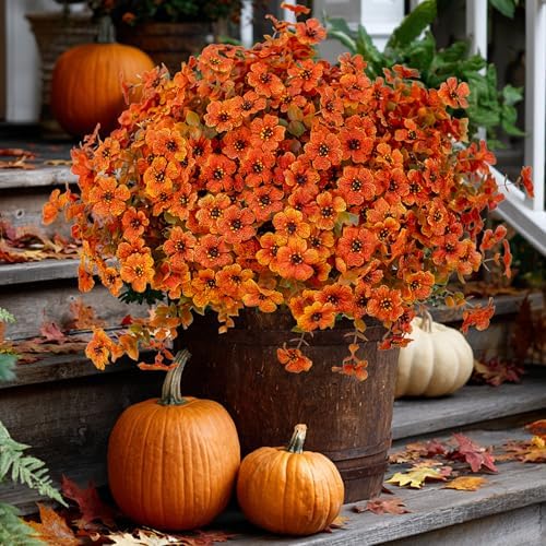 AXYLEX Artificial Fall Flowers Outdoor Fake Mums (Orangegreen, 16 Pack) - Image 6