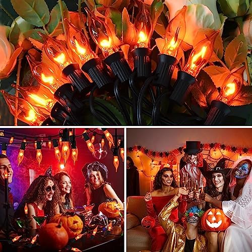 27.8Ft Flickering Flame String Lights, Orange Halloween Lights with 25+4 Pack C7 Orange Flame Light Bulbs, Flame String Lights for Fall Halloween Decorations for Home Party Patio Garden - Image 4