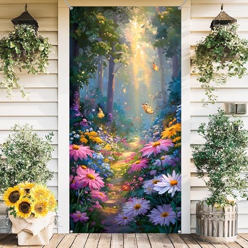 Front Door Covers Decorative, Spring Flower Design Door Curtain 70.8 x 35.4 Inch for Porch Outdoor Indoor Home Decor (Colorful-249) by AOHMPT