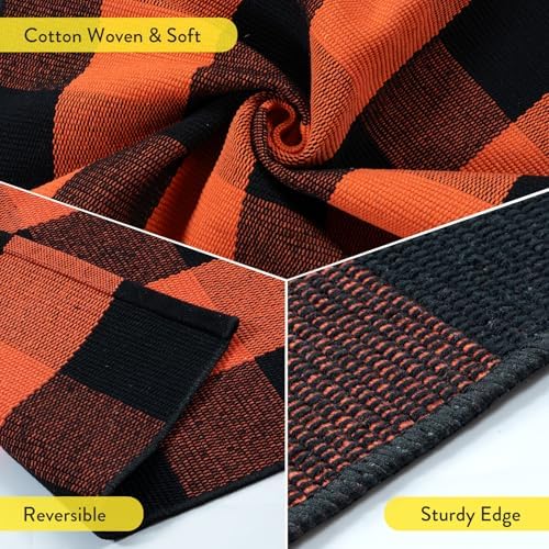 Uphome Bufflo Plaid Outdoor Rug 2'x4.3', Fall Decor Checkered Front Door Mat, Indoor Outdoor Farmhouse Porch Rug for Layered Door Mats, Washable Halloween Black/Orange Runner for Patio Entryway - Image 3