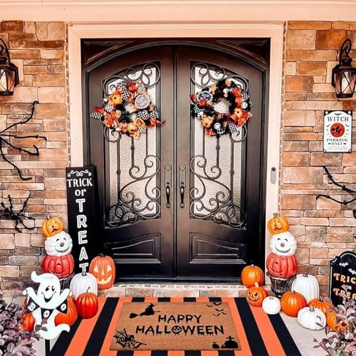 Halloween Decor Doormat Combo Set, 100% Coco Coir Welcome Mat + 3' x 5' Orange and White Striped Rug - Halloween Fall Front Porch Entryway Decor Floor Mat, Outdoor Autumn Mats Happy Halloween by Homydecor