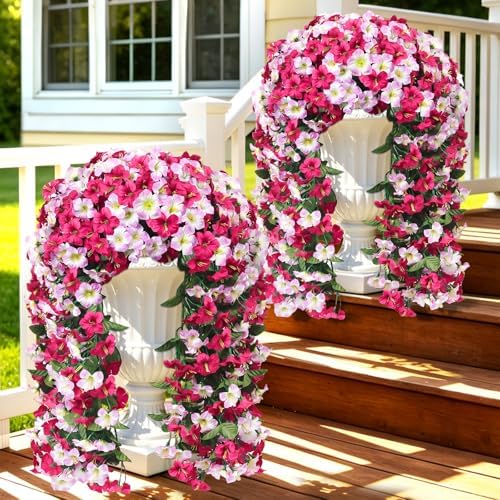 Artificial Hanging Flowers for Outdoors, 4 PCS 544 Blooms UV Resistant Morning Glory Faux Silk Vines, No-Odor Realistic Fake Plants for Garden Planter Porch Patio Decoration, Fuchsia Pink by JulakoOnline