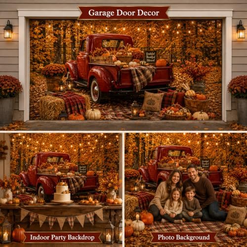 Fall Thanksgiving Garage Door Decoration 8x7Ft Vintage Red Truck Pumpkin Maple Leaf Background Banner Autumn Harvest Thanksgiving Garage Door Decorations for Home Outdoor Party Decor - Image 6