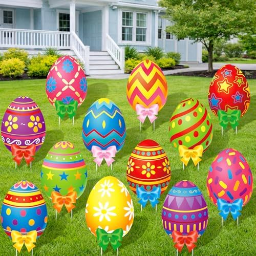 Amyhill 12 Pcs Easter Outdoor Yard Decoration Eggs Garden Lawn Stake Signs with Stakes and Bow Waterproof Corrugated Easter Outdoor Decoration for Patio Lawn Walkway Spring Party Decorations, 12 Style by Amyhill