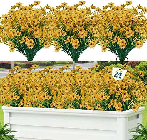 24 Pcs Artificial Flowers for Outdoor, Plastic Fake Flowers Decor, Yellow by Lnoicy
