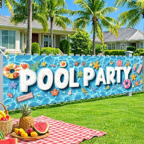 HOMETITUTE Pool Party Summer Outdoor Banner 10x3FT Large Blue Water Tropical Beach Theme Backyard Party Decoration Poolside Birthday Patio Garden Indoor Outdoor Celebration Display Decor - Image 2