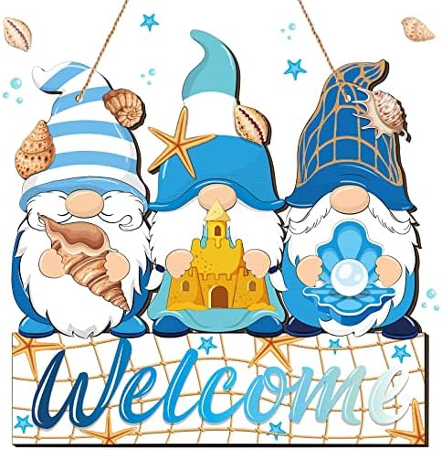 Summer Welcome Sign Wooden Ocean Beach Gnome Hanging Sign Sea Decorations Holiday Door Sign with Ropes Hanging Decor with Starfish for Summer Front Door Porch Farmhouse Outdoor Home Decor by Panelee