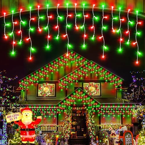Christmas Lights Outdoor Red Green, 53 FT 486 LED Christmas Lights for Outside, Timer & Memory, Plug in 8 Modes Hanging Fairy Light with 108 Drops for House Eaves Yard Patio Decorations by JIXXULVU
