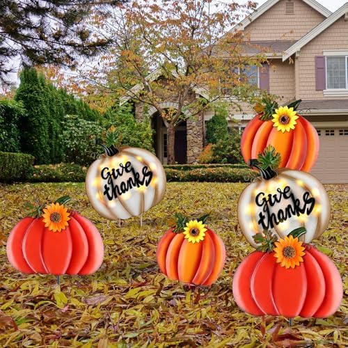 Fovths 39 Inches 3 Pieces Thanksgiving Metal Outdoor Fall Decorations, Giant LED Pumpkin Garden Lawn Patio Yard Signs, Metal Fall Waterproof Yard Sign for Home Thanksgiving Harvest Driveway Decor by Fovths