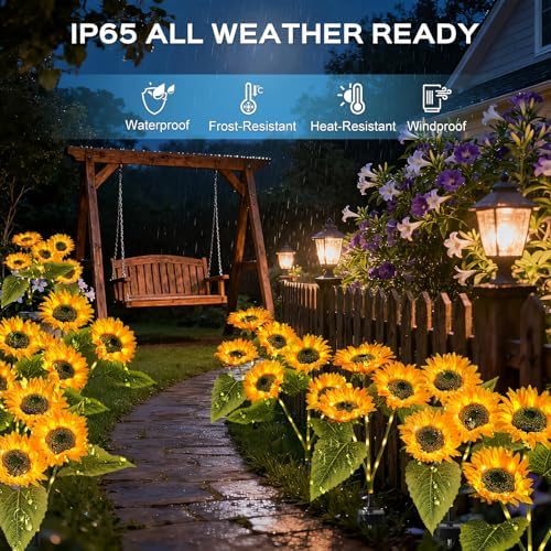 TANSOREN 3 Pack Solar Garden Lights Outdoor, 2 Lighting Modes Warm White LED Waterproof Solar Powered Sunflowers Landscape Light for Outside Yard, Patio, Pathway Decorative, Décor, Gifts - Image 4
