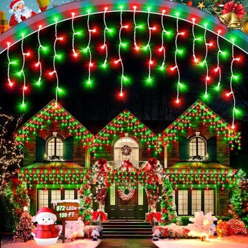 106 FT Christmas Lights Outdoor, 972 LED Waterproof Outside Christmas Lights Plug in, Connectable 8 Modes Hanging Fairy Lights with 216 Drops for House Eaves Yard Patio Decoration, Red and Green by JIXXULVU