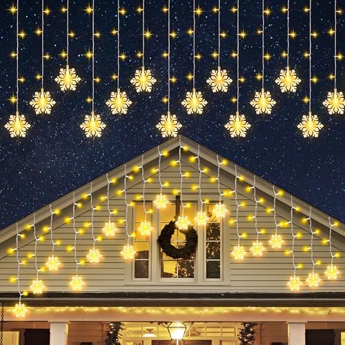 150 LED Christmas Icicle Lights with Snowflakes, Hanging Snowflake Light with 8 Modes, Connectable Warm White Icicle Lights for Outside, Roof, Window, Holiday Party Decor by Unknown