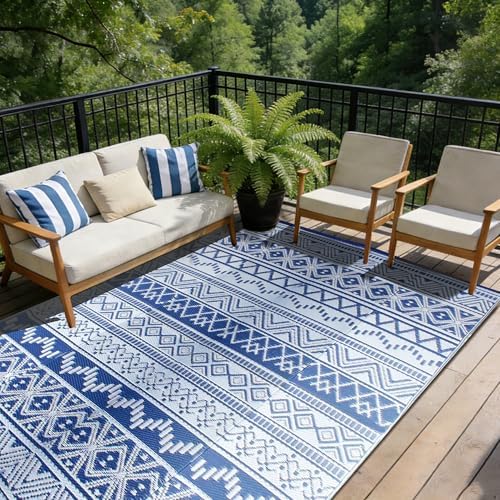 Outdoor Rug 9 x12 ft, Plastic Rug for Patio, Navy & White - Image 7