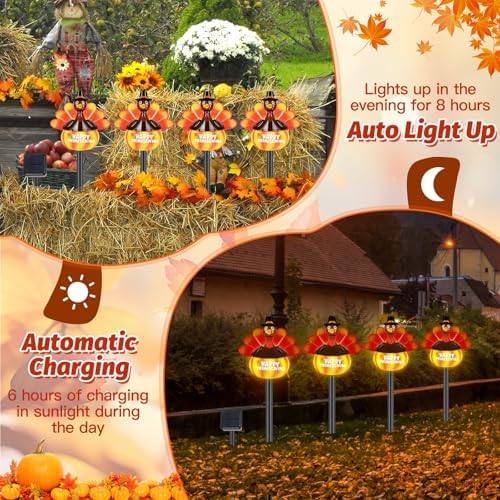 2 Sets 4-in-1 Thanksgiving Turkey Pumpkin Solar Lights Outdoor Decoration Fall Lights Decorative Hand Painted Yard Stakes Solar Powered Turkey Pumpkin Solar Lights For Lawn Pathway Yard Walkway Porch - Image 5