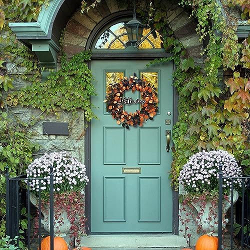 TOKCARE Halloween Wreath for Front Door with Pumpkins Berries and Wood Sign - Image 5