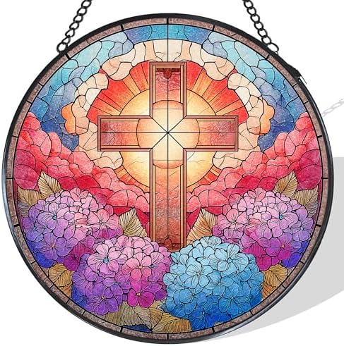 Cross Hydrangea Flower Stained Glass Window Hanging Suncatcher, Christian Cross Sun Catcher Indoor Window Decor, Christian Gifts Painted Glass Round Wall Hanging Decorations, 7.8x7.8 in by Unknown