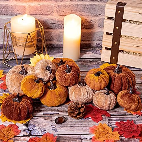Whaline 12Pcs Fall Faux Velvet Pumpkins Thanksgiving Harvest Artificial Fake Pumpkin Rustic Assorted Sizes Orange Brown Khaki Small Foam Pumpkins for Fall Wedding Party Home Table Decor - Image 5