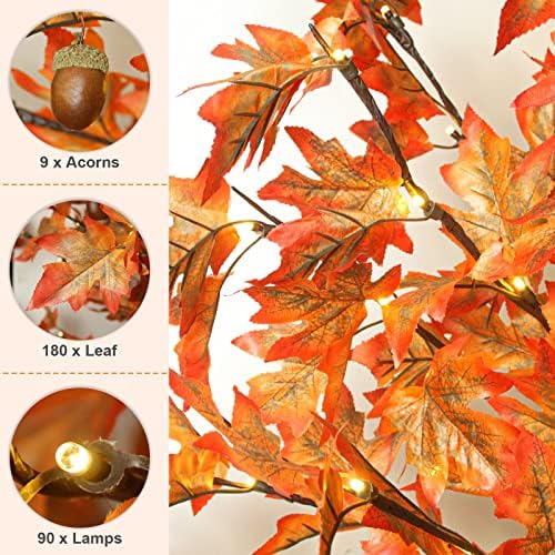 5FT 90LED Lighted Maple Tree - Thanksgiving Decor Artificial Tree with 9 Acorns 180 Leaves, Remote 8 Flashing Modes, Timing, Fall Tree for Outdoor Wedding Party Autumn Decor - Image 2