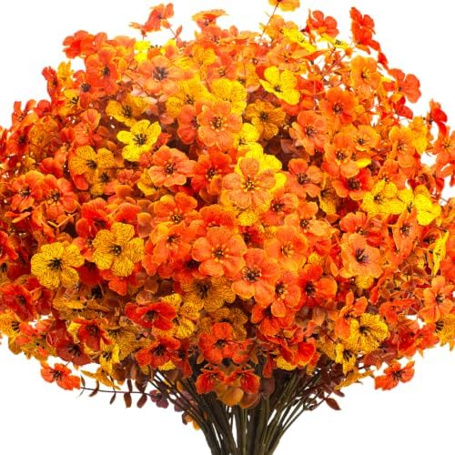 16 Bundles UV Resistant Artificial Fall Flowers Faux Mums for Outdoors by Grunyia