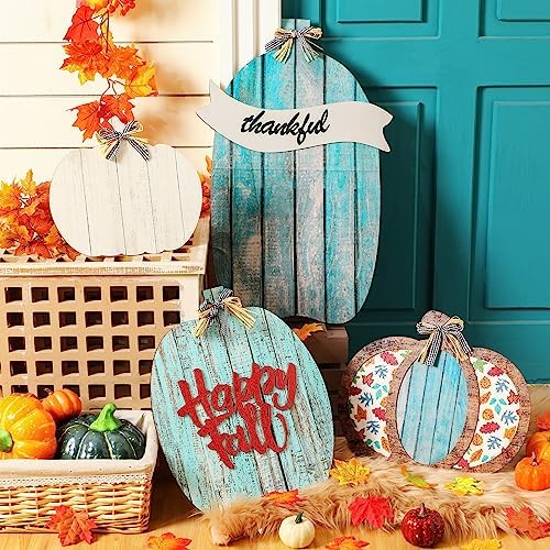 Kigley Set of 4 Fall Porch Decorations Outdoor Wood Pumpkin Fall Front Porch Decor Thanksgiving Autumn Yard Decor Welcome Sign for Decorating Outside Front Door Patio(Classic Style) - Image 4