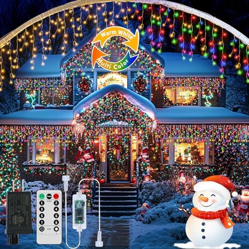 Icicle Lights Outdoor Decorations 60+16Ft 600 LED Christmas Lights Outdoor Waterproof Connectable Timer Memory Dimmable Plug in Twinkle Fairy Light for Xmas House Roof Eaves Holiday Wedding Party by QLIRJAD