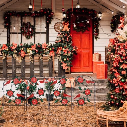 hogardeck Outdoor Christmas Decorations, 2 Pcs Metal Fence Floral Decorative Garden Stakes with Poinsettia Red Birds for Christmas Decor, Yard Signs for Garden Lawn Patio Home - Image 2