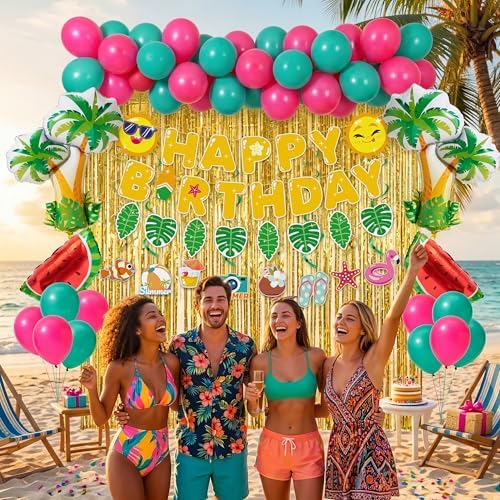 JOYIN Summer Hawaiian Birthday Party Decorations, 76PCS Party in Summer Supplies with Banner, Foil & Latex Balloons, Spiral Swirls & Tinsel Curtains for Boys, Girls, Kids Tropical Fruit Party Decor - Image 5