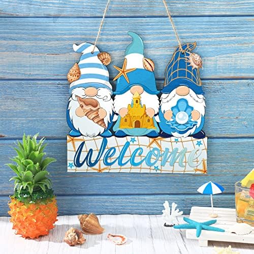 Summer Welcome Sign Wooden Ocean Beach Gnome Hanging Sign Sea Decorations Holiday Door Sign with Ropes Hanging Decor with Starfish for Summer Front Door Porch Farmhouse Outdoor Home Decor - Image 2