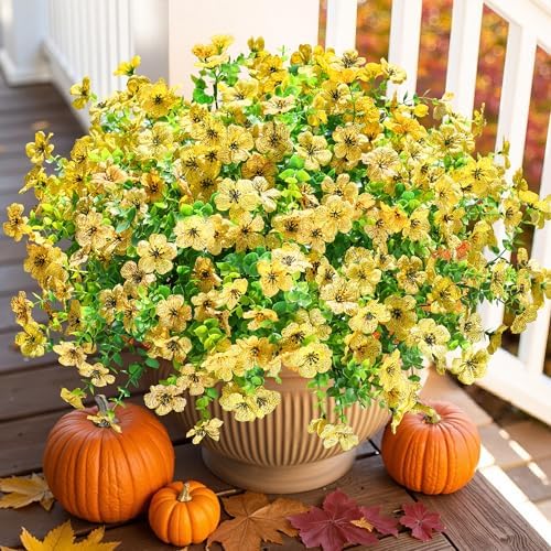 HyeFlora Artificial Fall Flowers Faux Mums for Outdoor Indoor Garden Home Decoration, Faux Flower Daisy with Eucalyptus Leaves Fake Plants Greenery Boxwood Porch Patio, 12 Bundles (Yellow) by HyeFloraartificialflowers