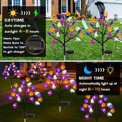 Halloween Decorations Outdoor Solar Lights, 2 Pack Halloween Lights Outdoor Solar Lights Waterproof with 20 LED Ghosts Bats Spiders Pumpkin Light, 8 Modes Solar Pathway Lights for Halloween's Decor - Image 3