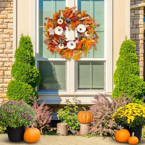 Sggvecsy Fall Wreath 20’’ Autumn Front Door Wreath Harvest Wreath with White Pumpkins Berries Maple Leaves Pine Cones Grain for Outside Indoor Home Wall Festival Thanksgiving Autumn Farmhouse Decor - Image 5