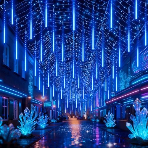 EEIEER Meteor Shower Lights, 11.8 inches 10 Tubes 240 LED Christmas Meteor Lights Snowfall Light for Outdoor Decoration, Waterproof Falling Rain Drop Light for Garden Tree Party Holiday-Blue - Image 6
