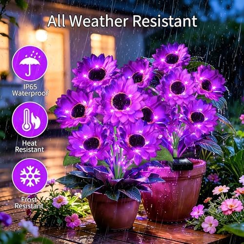 VOOKRY Solar Garden Lights Outdoor, 4 Pack Purple Sunflower Lights with 24 Flowers, Waterproof Summer Garden Decor Solar Flowers for Yard Backyard Patio Flowerbed Yard, Gift for Mom Women - Image 3