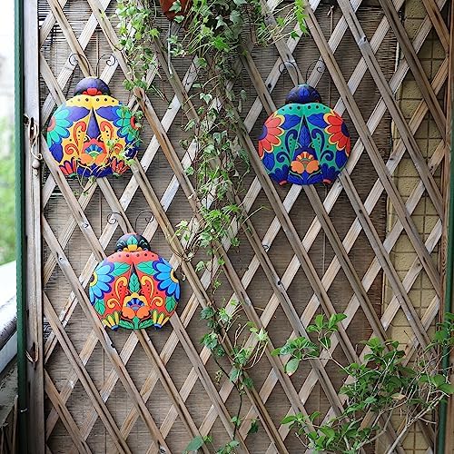 Scwhousi Metal Ladybugs Outdoor Wall Decor,Mexican Pottery Outdoor Decor,Talavera Garden Decoration Hanging for Fence,Yard, Patio,Living Room,Bedroom,Muticolored - Image 2