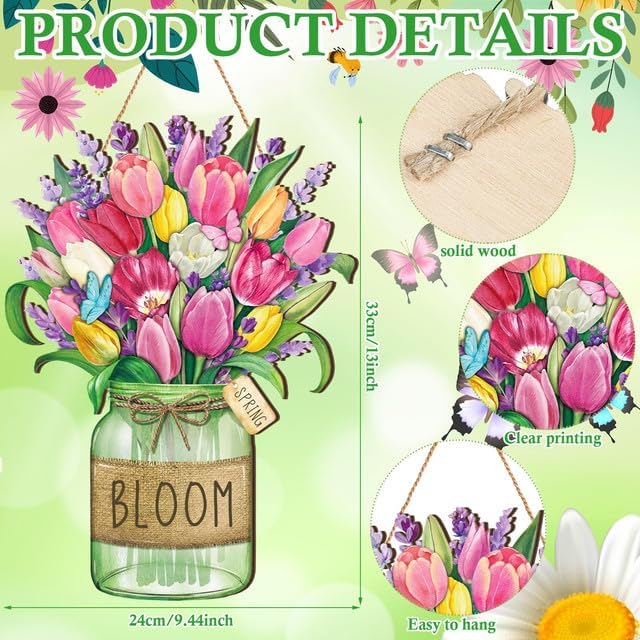 Boao Spring Door Sign Decor Tulip Flower Wooden Hanging Sign for Front Door Rustic Spring Plaque Floral Wall Hanger for Party Outdoor Indoor Home Decor - Image 2