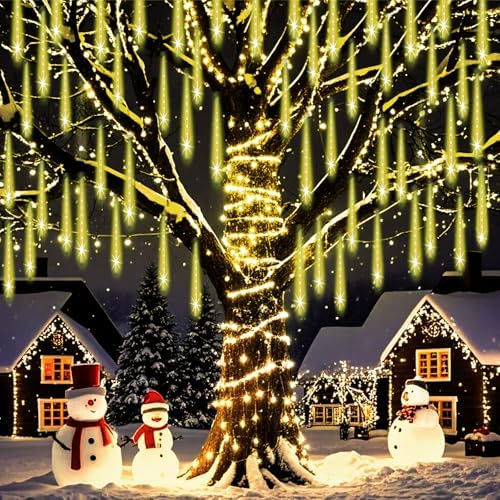 Weepong Christmas Lights Outdoor Falling Rain Meteor Shower Lights 12 inch 16 Tube 384 LED Snowfall Icicle Cascading String Light for Xmas Tree Christmas Decorations Holiday Garden, UL Plug,Warm White - Image 5