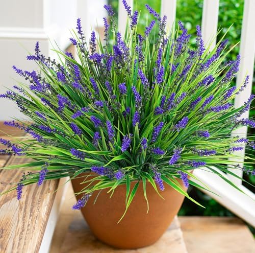Artificial Fake Outdoor Plants Flowers for Decoration,10 Bundles 16.5" UV Resistant Plastic Tall Realistic Faux Monkey Grass Greenery Stems for Home Outside Planter Window Porch Patio Garden-Purple - Image 5