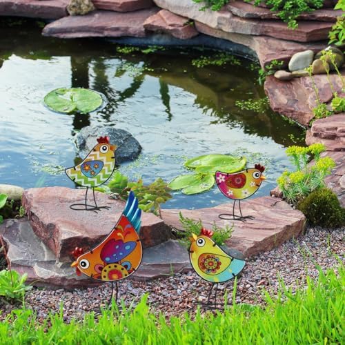 4 Pack Chicken Garden Decor for Outside, Rooster Glass & Metal Yard Art Decoration for Porch Patio, Bird Garden Statues Gifts for Grandma Mom Women (Colorful) - Image 7