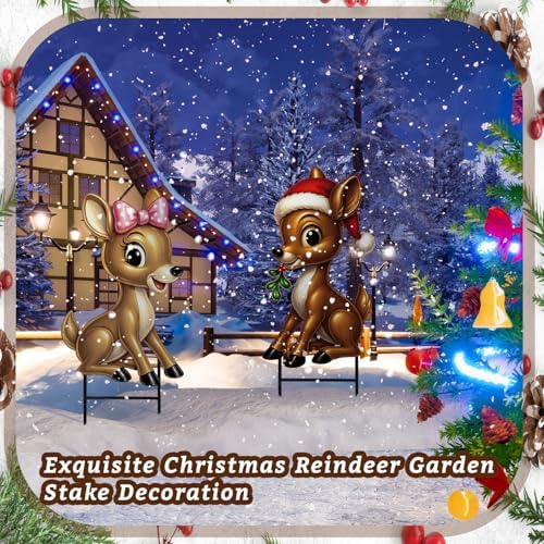 Moxweyeni 2 Pcs Outdoor Reindeer Christmas Decoration Cute Deer Sign Large Metal Reindeer Yard Sign with Stakes Christmas Farmhouse Deer Figurines for Lawn Garden Holiday Display - Image 2