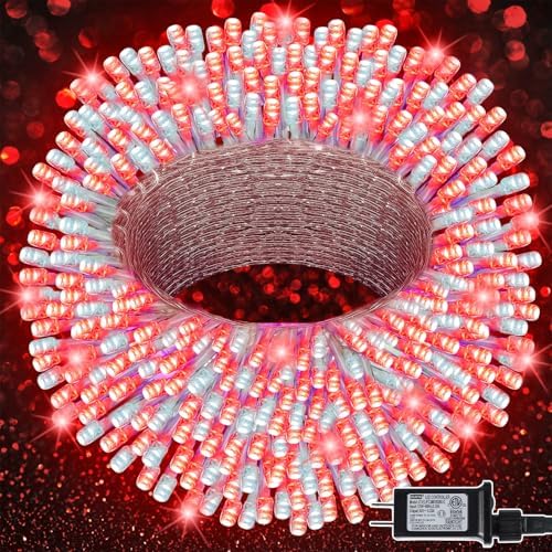 LJLNION 300 LED Valentines Lights, Extra Long 98.5FT Christmas String Lights Outdoor Indoor, 8 Lighting Mode, Plug in Waterproof Fairy Light for Wedding Party Bedroom Garden Decorations (Red & White) by LJLNION