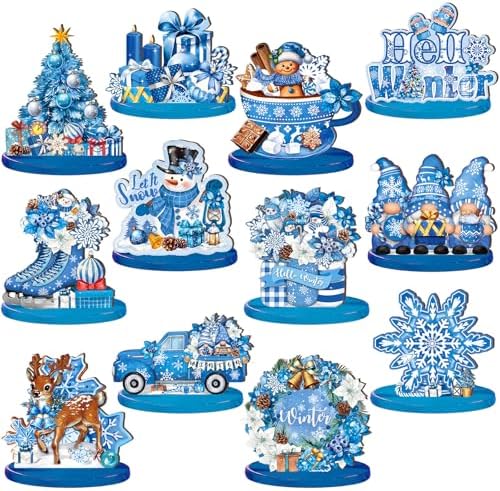 Wesiti 12 Pcs Christmas Snowflake Table Decoration Wooden Blue Winter Signs by Unteilti