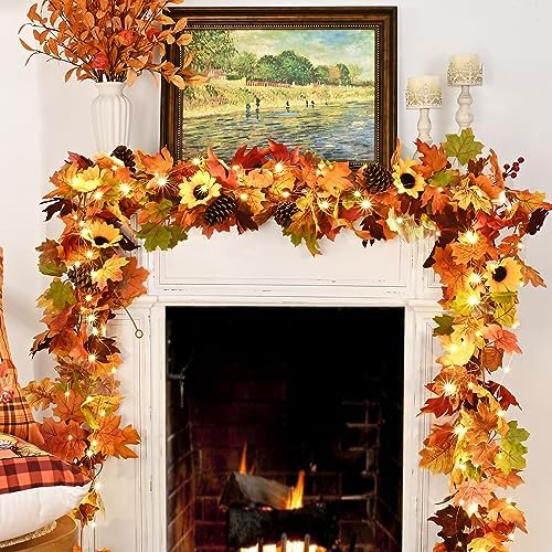 Waipfaru Fall Garland with Lights - 5.7 Ft Lighted Autumn Sunflower Garland - Image 6