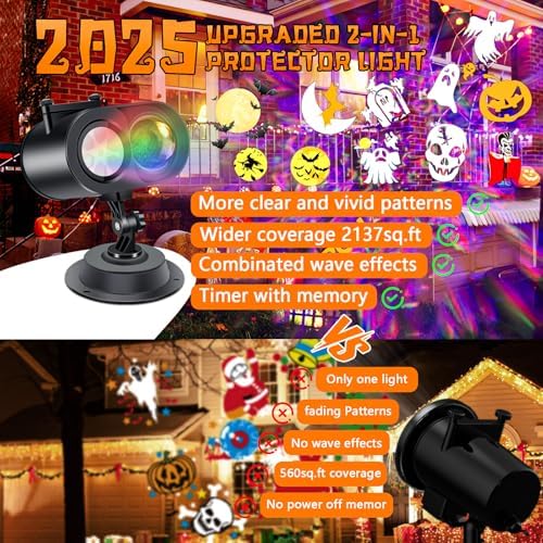 Halloween decorations outdoor, 2-In-1 Halloween Projector Lights outdoor with Remote Control(Ocean Wave & Patterns), Three Fixing Methods, Timer, 12 Slide &15 Colors for Halloween, Christmas, New Year - Image 4