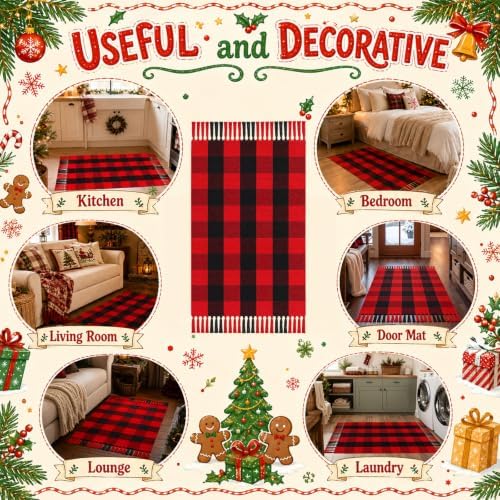 Breling Christmas Outdoor Rug 28" x 43" Black and Red Buffalo Plaid Door Mat with Tassels Christmas Home Decor Soft Hand Woven Cotton Bathroom Rug Washable Layered Doormats for Front Porch Entryway - Image 3