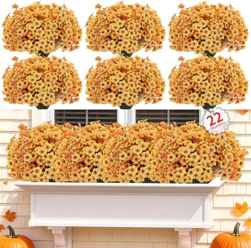 22 Pack Artificial Fall Flowers Mums for Outdoor Indoor(Fall Yellow) by Powbrace