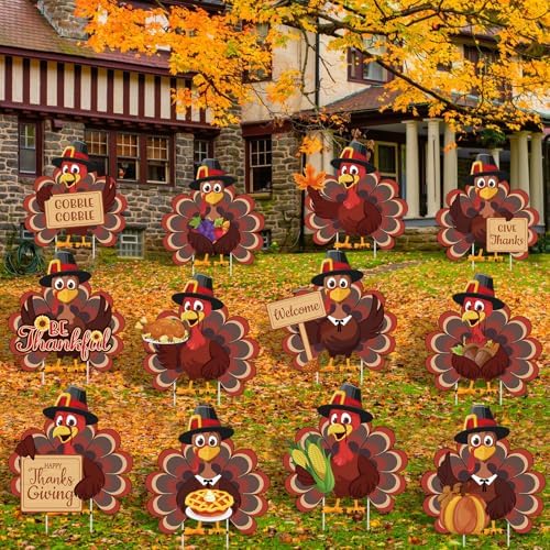 Threehoney 12 Pcs Thanksgiving Turkey Yard Signs with Stakes by Threehoney